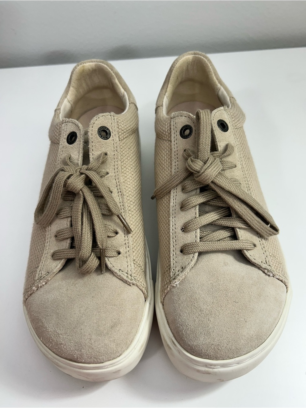 Birkenstock Low Bend Beige Canvas & Suede Lace Up Cork Midsole Sneakers Size 7